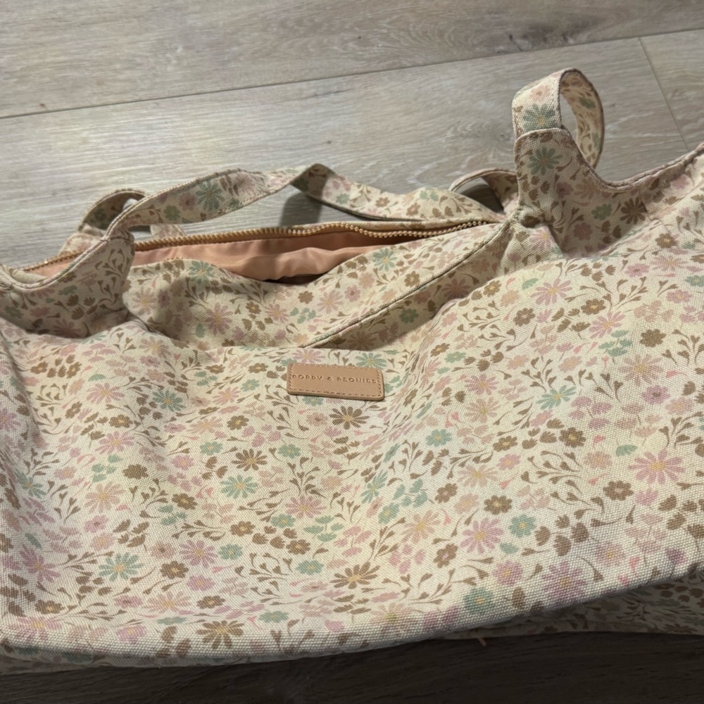 Poppy & Peonies Floral Canvas Shoulder Bag in Cream, Pink, Mint